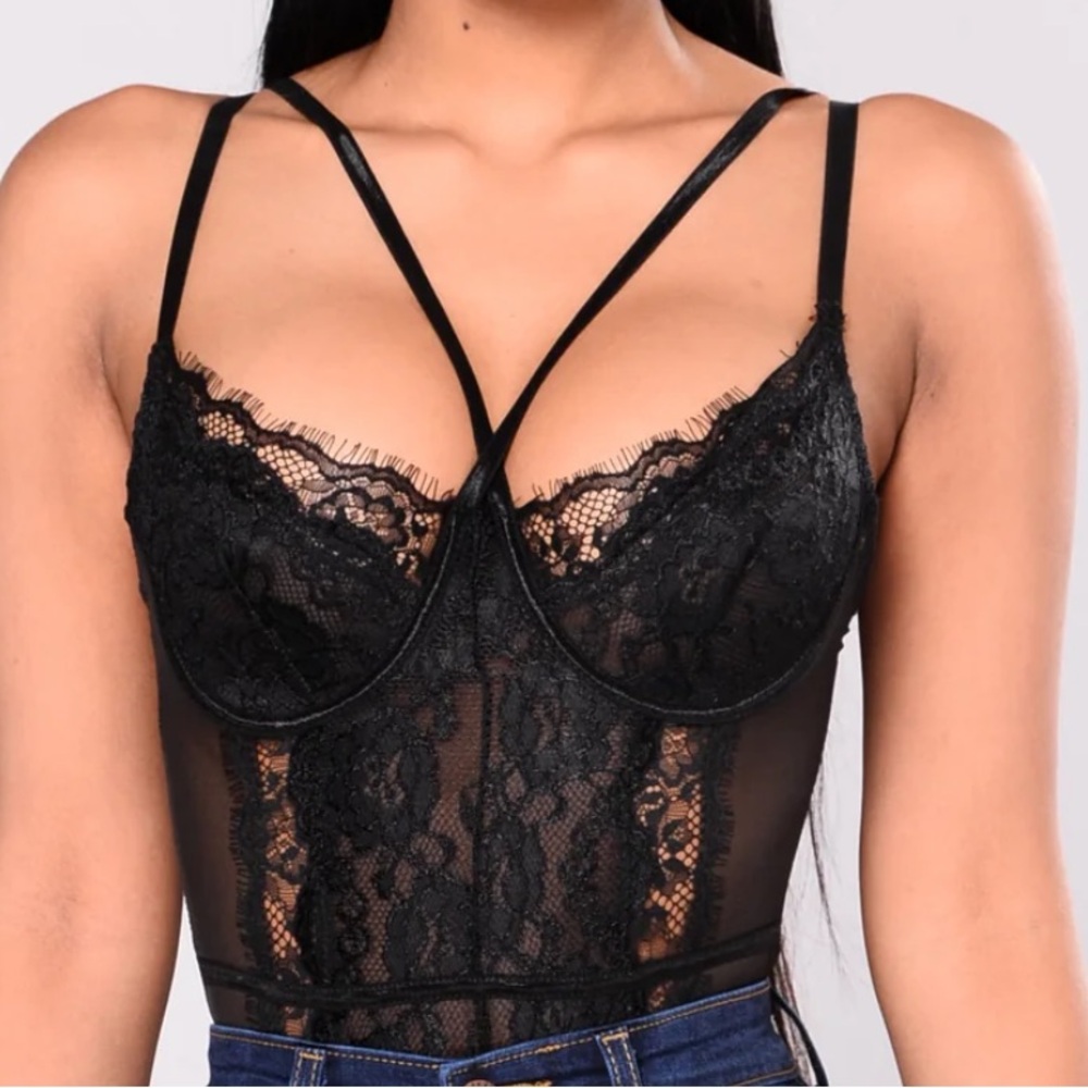 Fashion Nova Black Lace Thong Bodysuit